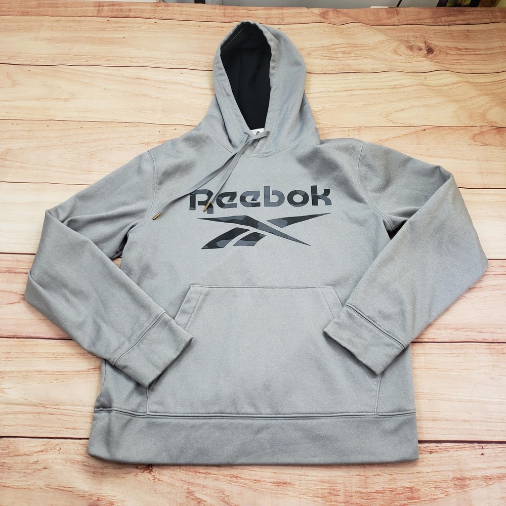 Reebok Hoodie Mens Medium Gray Camo Logo Pullover Sweatshirt Polyester Athletic
